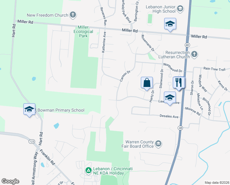 map of restaurants, bars, coffee shops, grocery stores, and more near 409 Westview Court in Lebanon