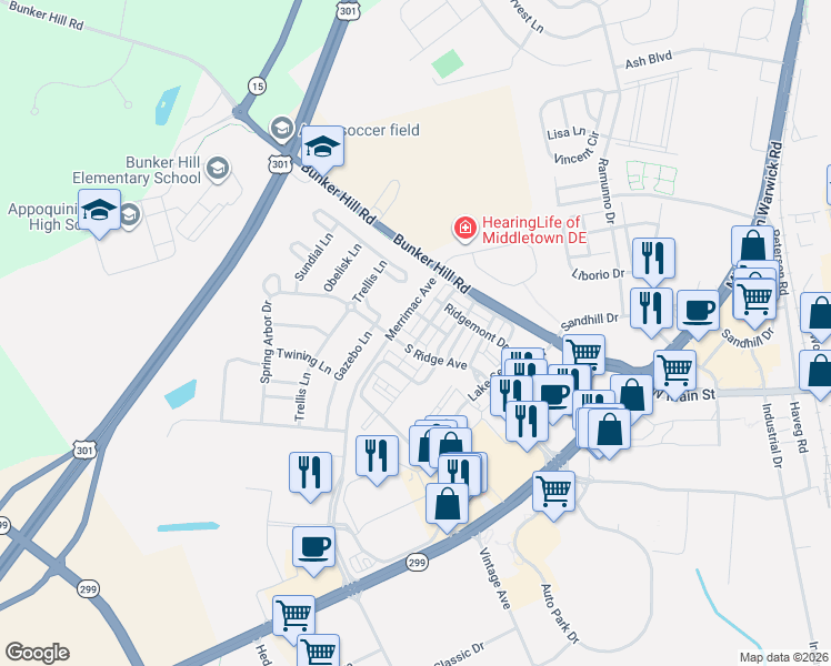 map of restaurants, bars, coffee shops, grocery stores, and more near 408 Toftrees Drive in Middletown