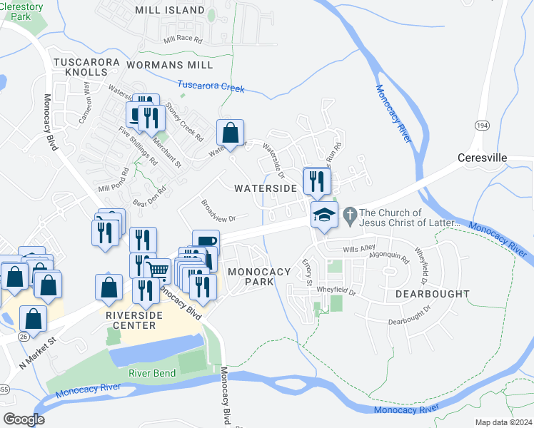 map of restaurants, bars, coffee shops, grocery stores, and more near 7996 Schooner Court in Frederick