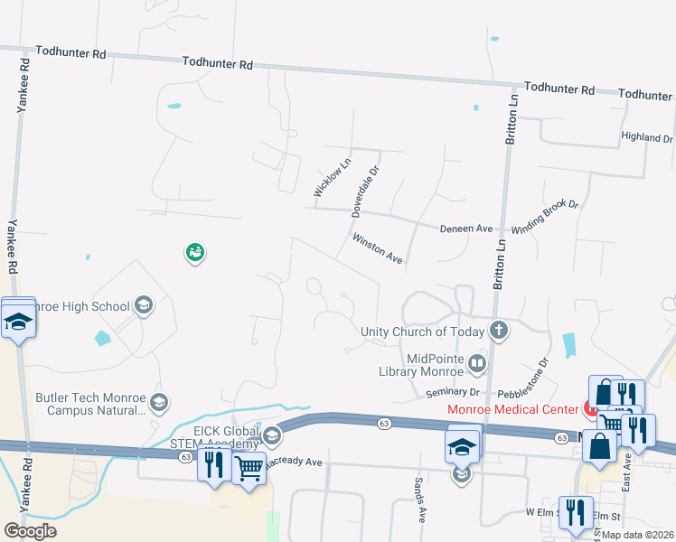 map of restaurants, bars, coffee shops, grocery stores, and more near 404 Doverdale Drive in Monroe