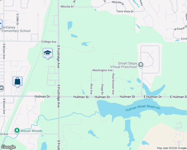 map of restaurants, bars, coffee shops, grocery stores, and more near 1442 Rice Road in Terre Haute