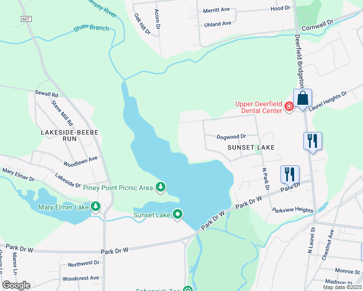 map of restaurants, bars, coffee shops, grocery stores, and more near 59 Sunset Lake Road in Bridgeton