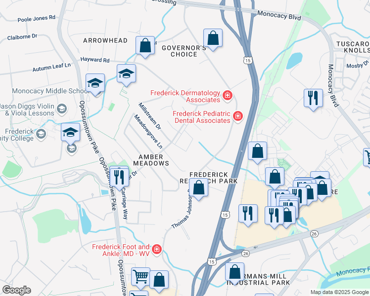 map of restaurants, bars, coffee shops, grocery stores, and more near 1794 Springfield Lane in Frederick