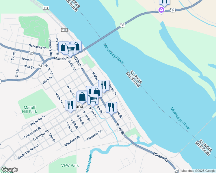 map of restaurants, bars, coffee shops, grocery stores, and more near 125 Water Street in Louisiana