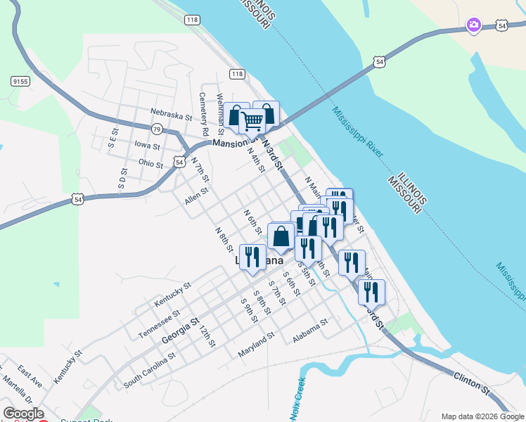 map of restaurants, bars, coffee shops, grocery stores, and more near 414 North 5th Street in Louisiana