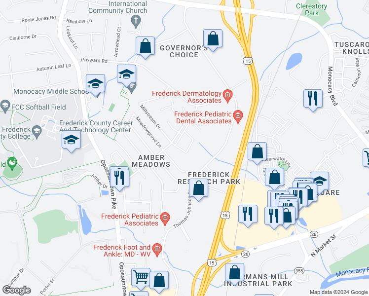 map of restaurants, bars, coffee shops, grocery stores, and more near 1790 Hillmeade Square in Frederick