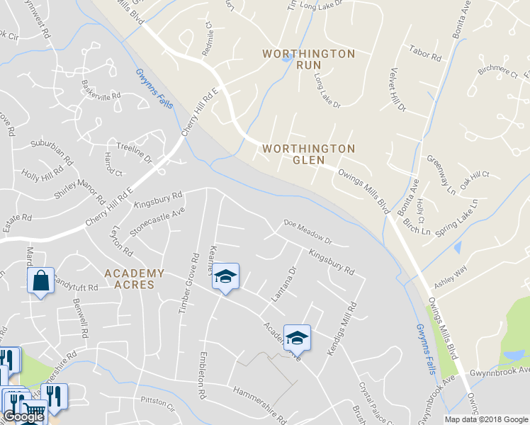 map of restaurants, bars, coffee shops, grocery stores, and more near 1135 Kingsbury Road in Owings Mills
