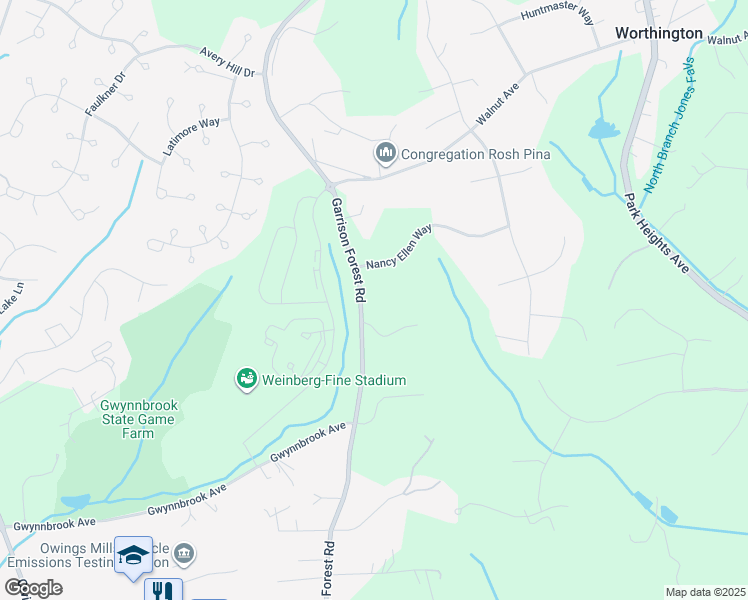 map of restaurants, bars, coffee shops, grocery stores, and more near 11909 Garrison Forest Road in Owings Mills