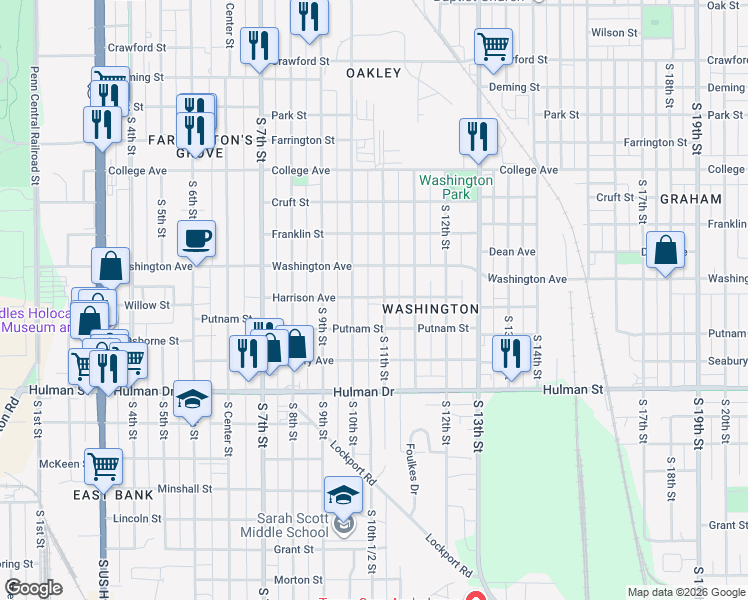 map of restaurants, bars, coffee shops, grocery stores, and more near 1429 South 11th Street in Terre Haute