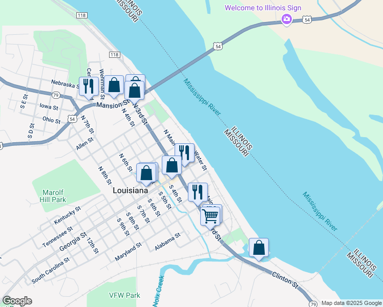 map of restaurants, bars, coffee shops, grocery stores, and more near 125 Water Street in Louisiana