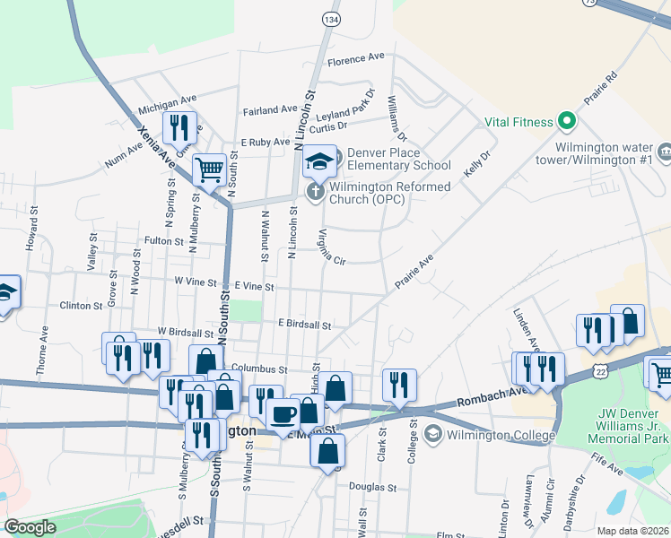 map of restaurants, bars, coffee shops, grocery stores, and more near 360 Virginia Circle in Wilmington