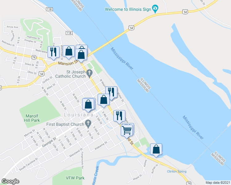 map of restaurants, bars, coffee shops, grocery stores, and more near 125 Water Street in Louisiana