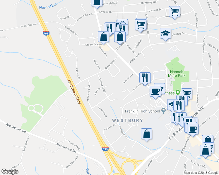 map of restaurants, bars, coffee shops, grocery stores, and more near 9 Jessie Court in Reisterstown