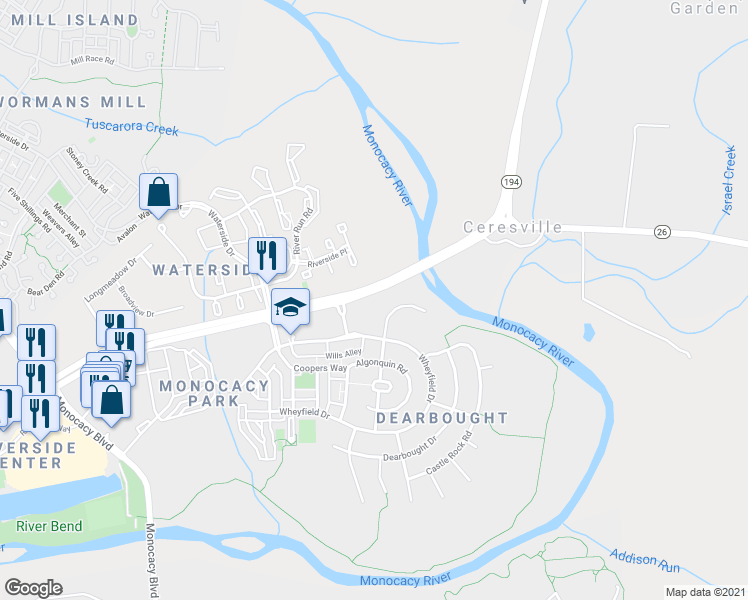 map of restaurants, bars, coffee shops, grocery stores, and more near 1822 Greenleese Drive in Frederick