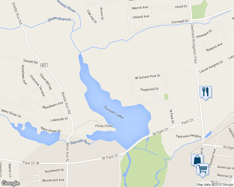 map of restaurants, bars, coffee shops, grocery stores, and more near 59 Sunset Lake Road in Bridgeton