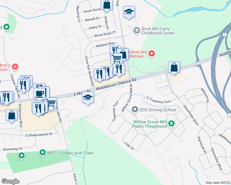 map of restaurants, bars, coffee shops, grocery stores, and more near 106 Trupenny Turn in Middletown