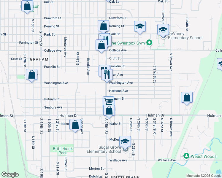 map of restaurants, bars, coffee shops, grocery stores, and more near 2528 Harrison Avenue in Terre Haute