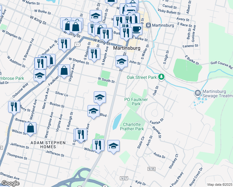 map of restaurants, bars, coffee shops, grocery stores, and more near 522 South Queen Street in Martinsburg