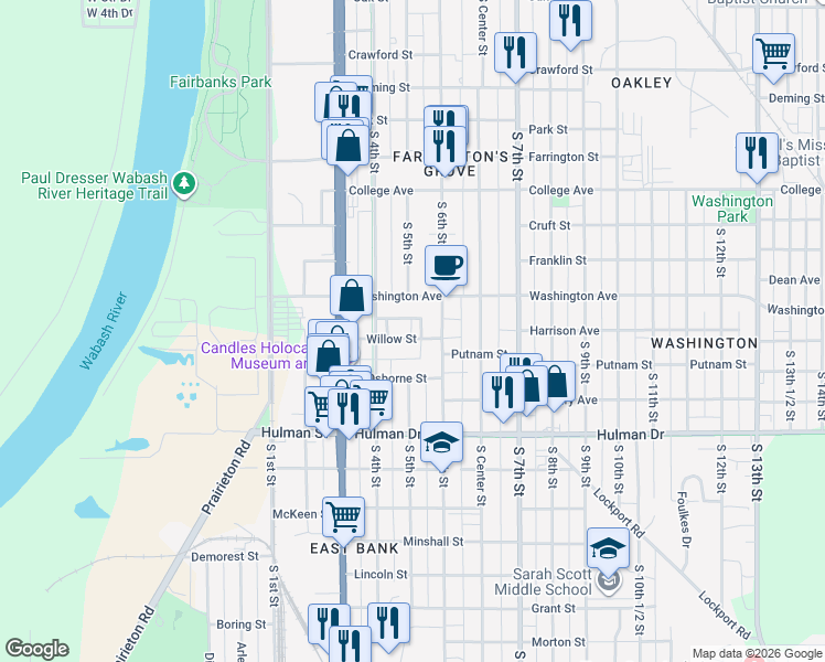 map of restaurants, bars, coffee shops, grocery stores, and more near 302 Willow Street in Terre Haute