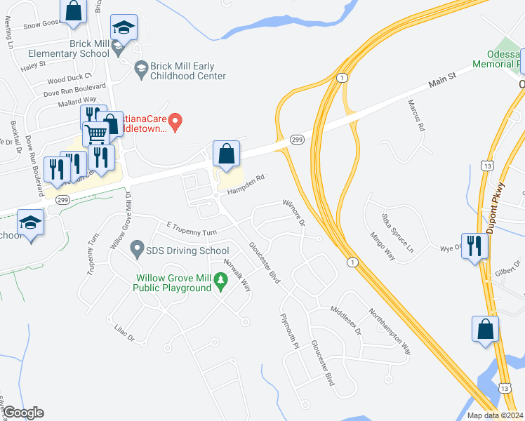 map of restaurants, bars, coffee shops, grocery stores, and more near 354 Wilmore Drive in Middletown