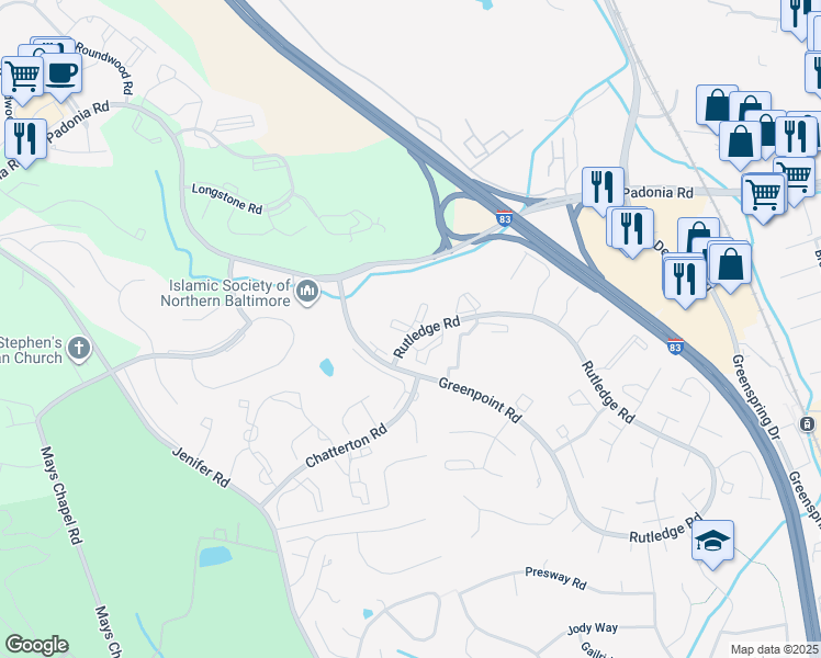 map of restaurants, bars, coffee shops, grocery stores, and more near 5 Belmullet Court in Lutherville-Timonium