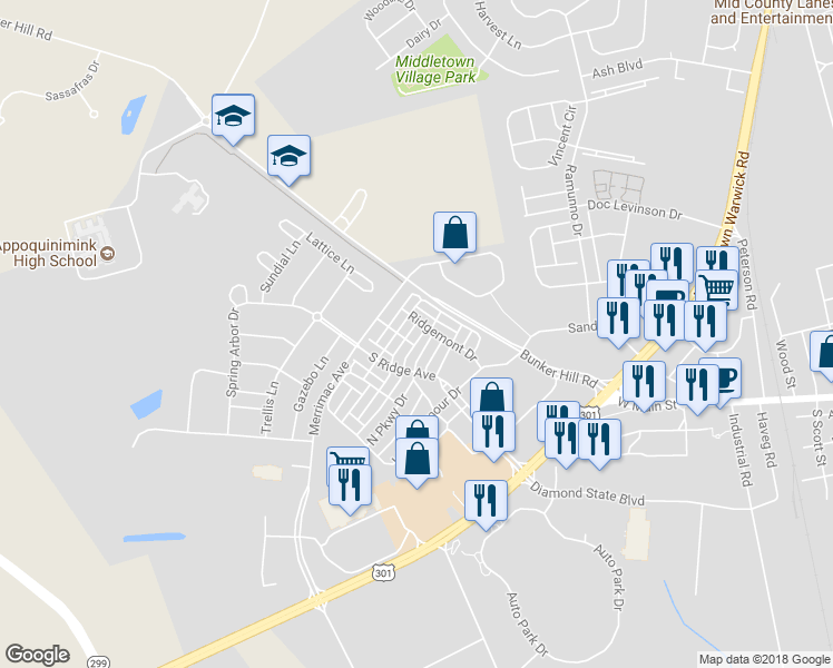 map of restaurants, bars, coffee shops, grocery stores, and more near 307 South Parkway Drive in Middletown