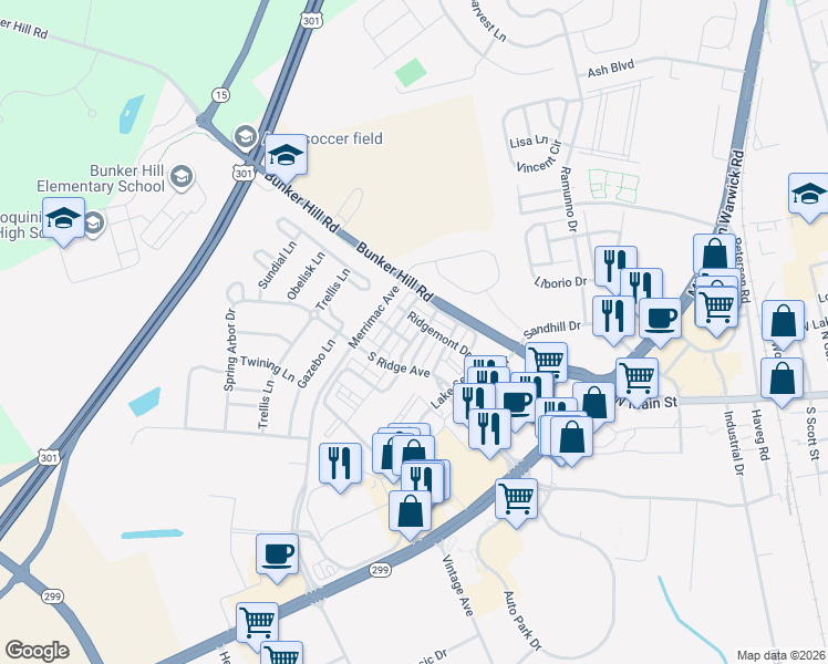 map of restaurants, bars, coffee shops, grocery stores, and more near 301 South Parkway Drive in Middletown