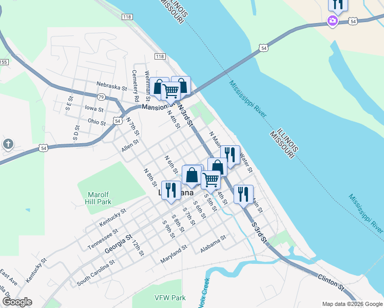 map of restaurants, bars, coffee shops, grocery stores, and more near 324 North 4th Street in Louisiana
