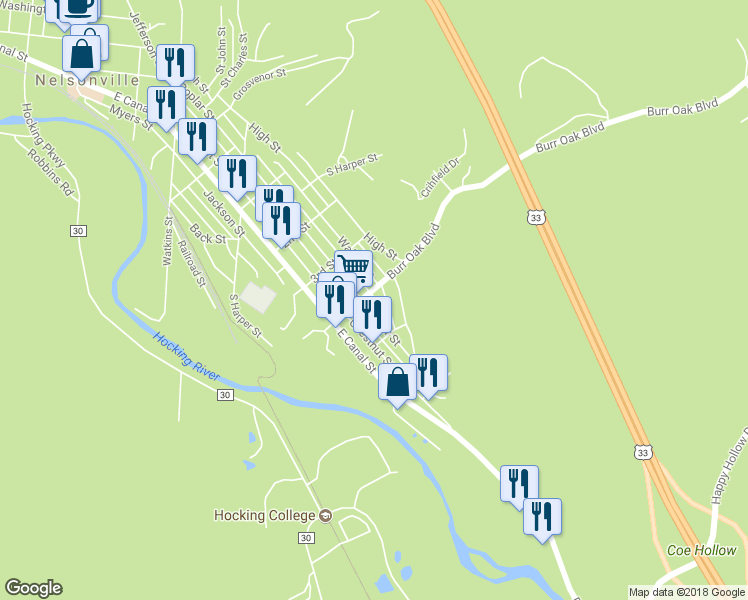 map of restaurants, bars, coffee shops, grocery stores, and more near 980 Poplar Street in Nelsonville