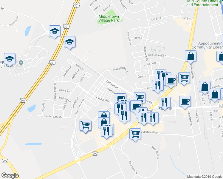 map of restaurants, bars, coffee shops, grocery stores, and more near 122 Ridgemont Drive in Middletown