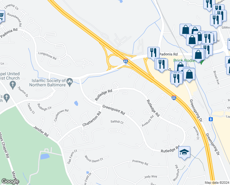 map of restaurants, bars, coffee shops, grocery stores, and more near 2 Glenamoy Road in Lutherville-Timonium