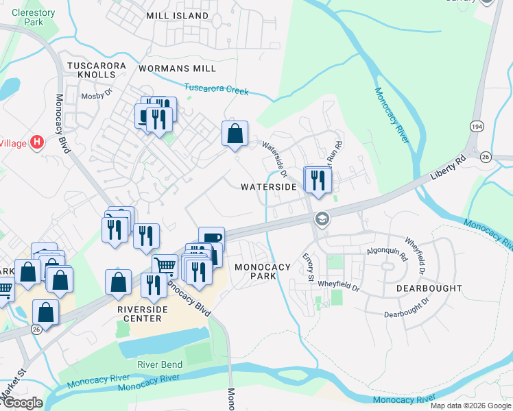 map of restaurants, bars, coffee shops, grocery stores, and more near 7902 River Run Court in Frederick