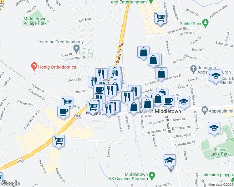 map of restaurants, bars, coffee shops, grocery stores, and more near 501 West Main Street in Middletown