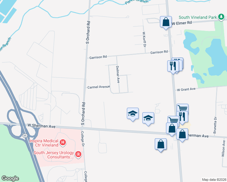 map of restaurants, bars, coffee shops, grocery stores, and more near 2465 Coronado Drive in Vineland