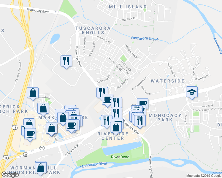 map of restaurants, bars, coffee shops, grocery stores, and more near 828 Dunbrooke Court in Frederick