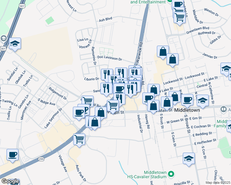 map of restaurants, bars, coffee shops, grocery stores, and more near 101 Sandhill Dr in Middletown