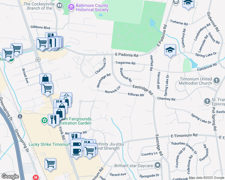 map of restaurants, bars, coffee shops, grocery stores, and more near 31 Norwick Circle in Lutherville-Timonium
