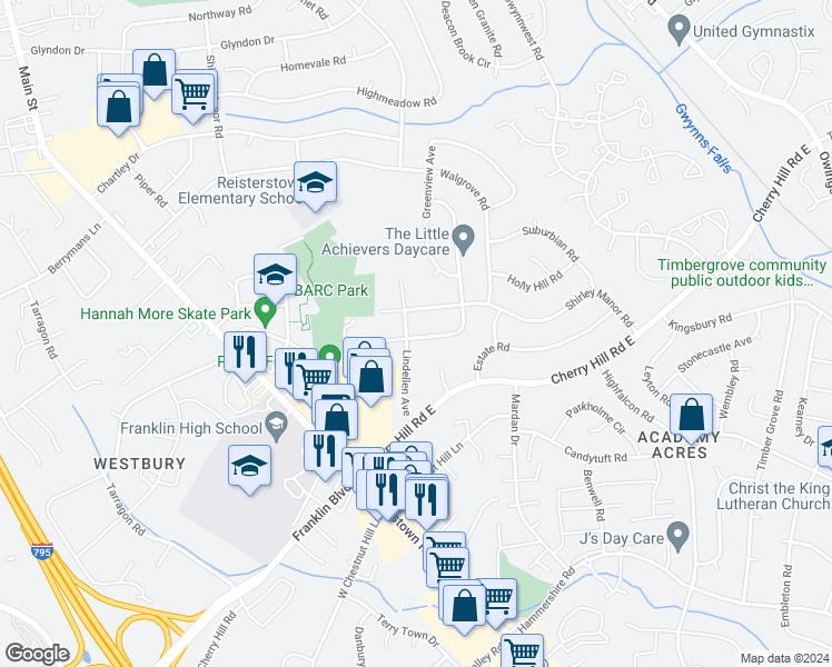 map of restaurants, bars, coffee shops, grocery stores, and more near 202 Conewood Rd in Reisterstown