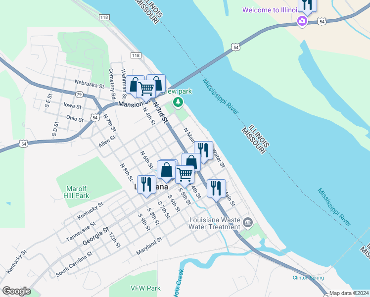 map of restaurants, bars, coffee shops, grocery stores, and more near 303 North 3rd Street in Louisiana