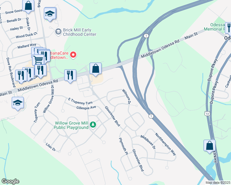 map of restaurants, bars, coffee shops, grocery stores, and more near 340 Wilmore Drive in Middletown