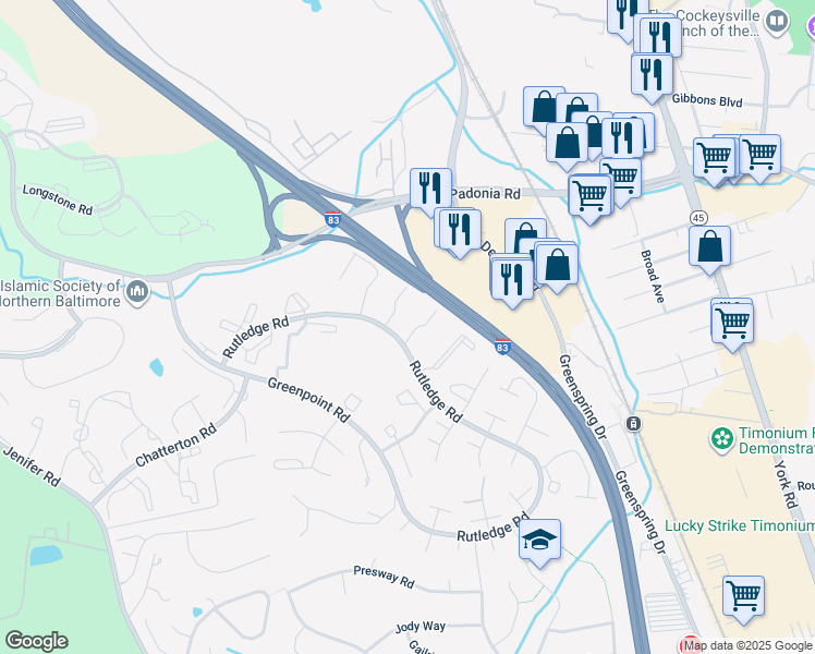 map of restaurants, bars, coffee shops, grocery stores, and more near 12 Ballyhaunis Court in Timonium