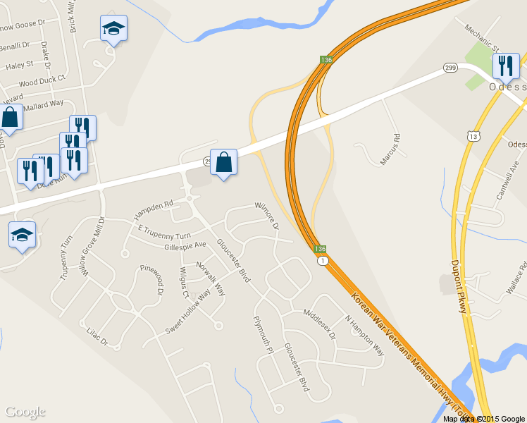 map of restaurants, bars, coffee shops, grocery stores, and more near 310 Wilmore Drive in Middletown