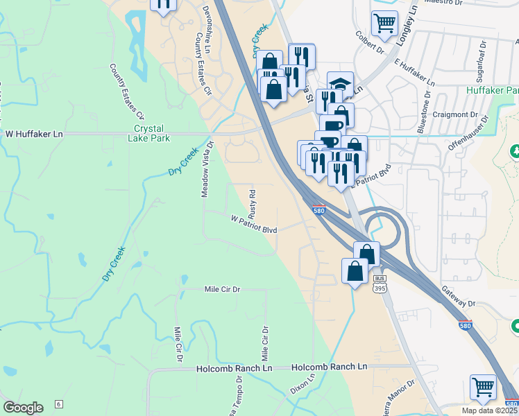 map of restaurants, bars, coffee shops, grocery stores, and more near 7962 Rusty Road in Reno