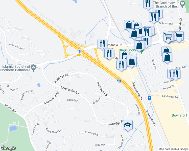 map of restaurants, bars, coffee shops, grocery stores, and more near 5 Castlebar Court in Lutherville-Timonium