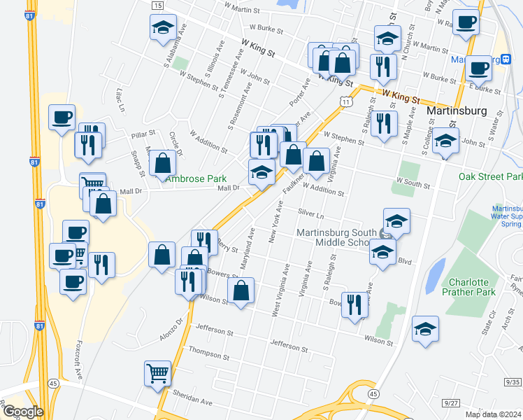 map of restaurants, bars, coffee shops, grocery stores, and more near 657 Faulkner Avenue in Martinsburg