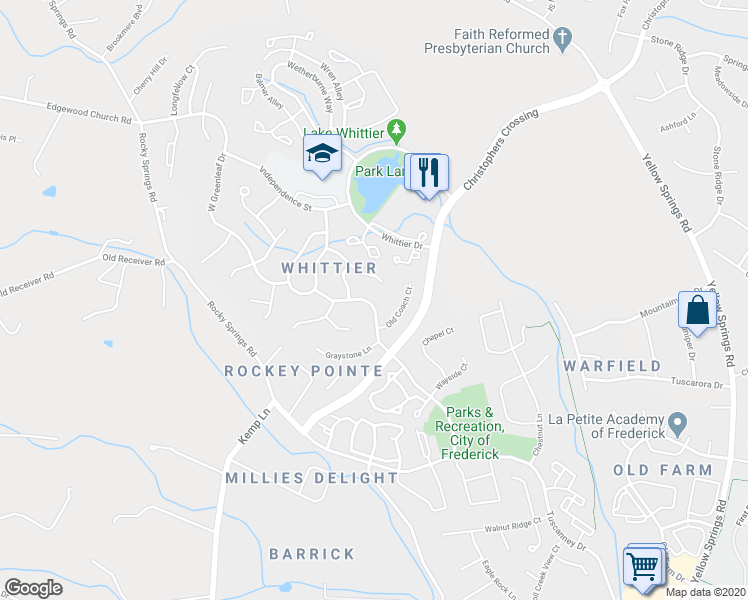 map of restaurants, bars, coffee shops, grocery stores, and more near 2180 East Greenleaf Drive in Frederick