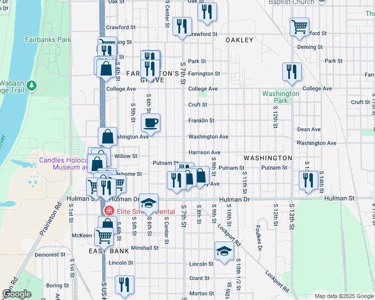 map of restaurants, bars, coffee shops, grocery stores, and more near 1430 South 7th Street in Terre Haute