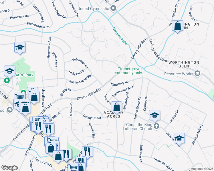 map of restaurants, bars, coffee shops, grocery stores, and more near 403 Cherry Hill Road East in Reisterstown