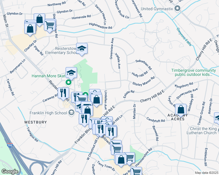 map of restaurants, bars, coffee shops, grocery stores, and more near 202 Conewood Avenue in Reisterstown