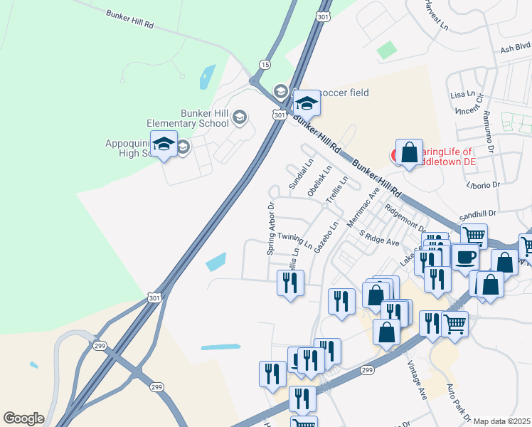 map of restaurants, bars, coffee shops, grocery stores, and more near 25 Spring Arbor Drive in Middletown